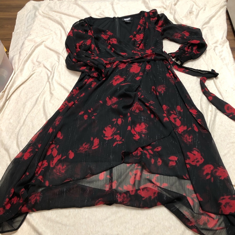 DKNY Black and Red Floral Sheer Metallic Dress Gathered Sleeve Whimsigoth